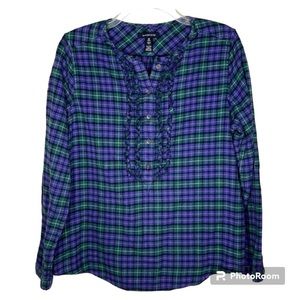 Lands’ End Plaid Flannel Pullover with Ruffle Purple Green Size M (10/12)